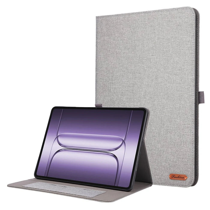 For OnePlus Pad 3 Case with Stand Card Holder Cloth Texture Leather Tablet Cover - Grey - 1