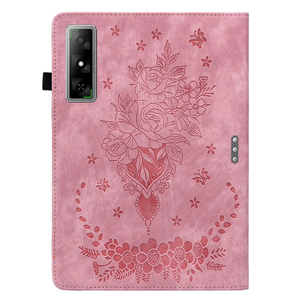 For Infinix Xpad GT Case Card Holder Anti-Scratch Leather Cover Rose Flower Imprint - Pink - 6