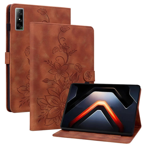 For Infinix Xpad GT Case Lily Flower Imprint Card Slots Leather Tablet Cover - Brown - 1
