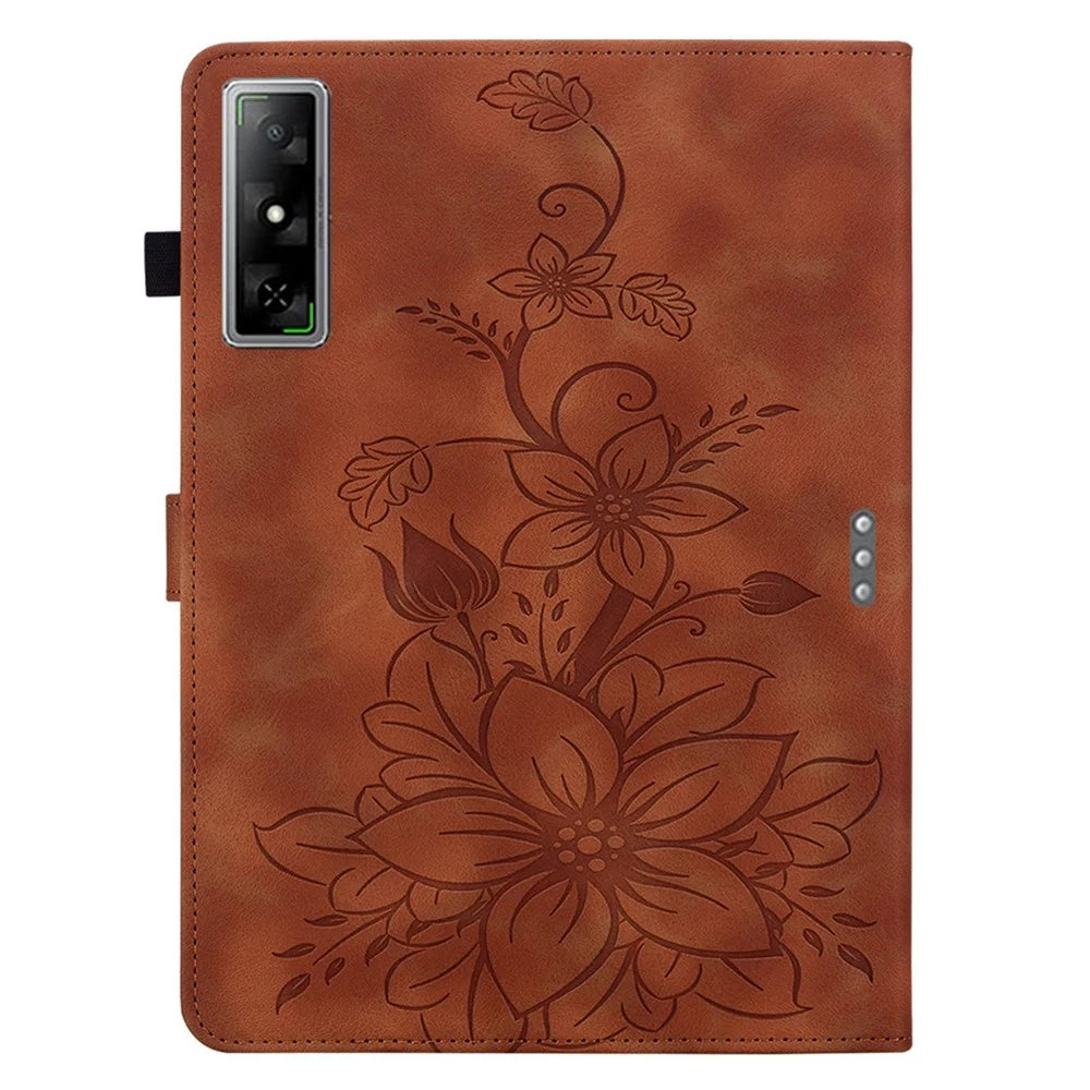 For Infinix Xpad GT Case Lily Flower Imprint Card Slots Leather Tablet Cover - Brown - 6