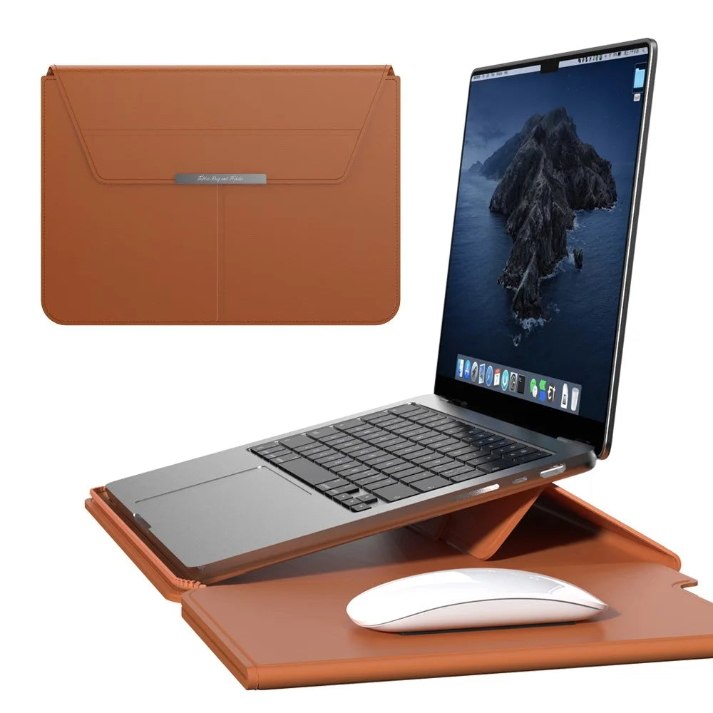 For 13 - 14 inch Laptop Sleeve with Stand PU Leather Detachable Case Protective Cover - Brown - 1