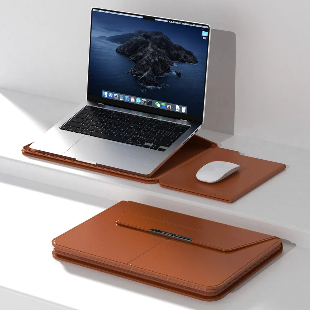 For 13 - 14 inch Laptop Sleeve with Stand PU Leather Detachable Case Protective Cover - Brown - 2