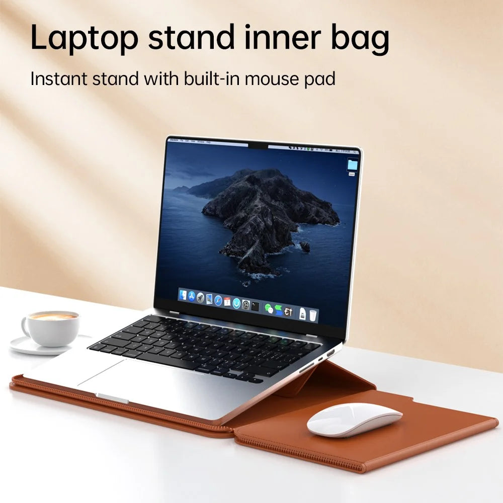 For 13 - 14 inch Laptop Sleeve with Stand PU Leather Detachable Case Protective Cover - Brown - 3