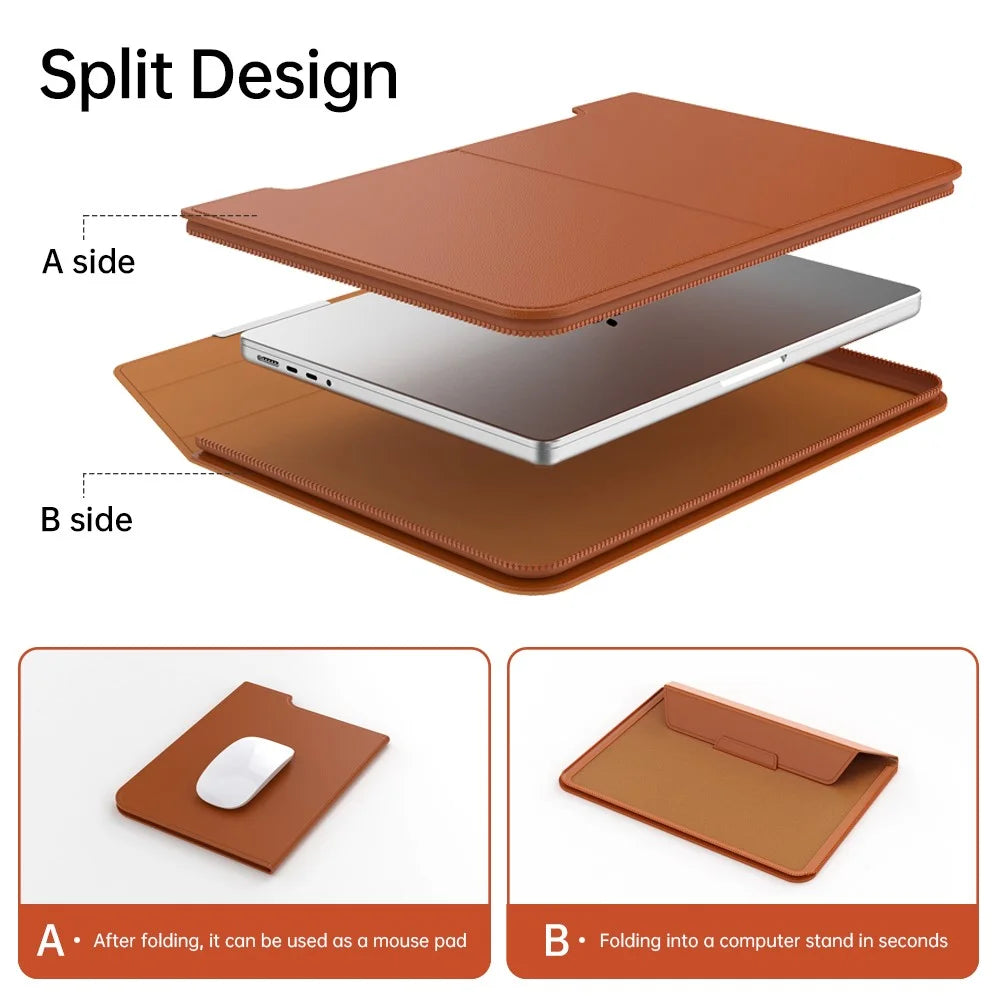 For 13 - 14 inch Laptop Sleeve with Stand PU Leather Detachable Case Protective Cover - Brown - 4