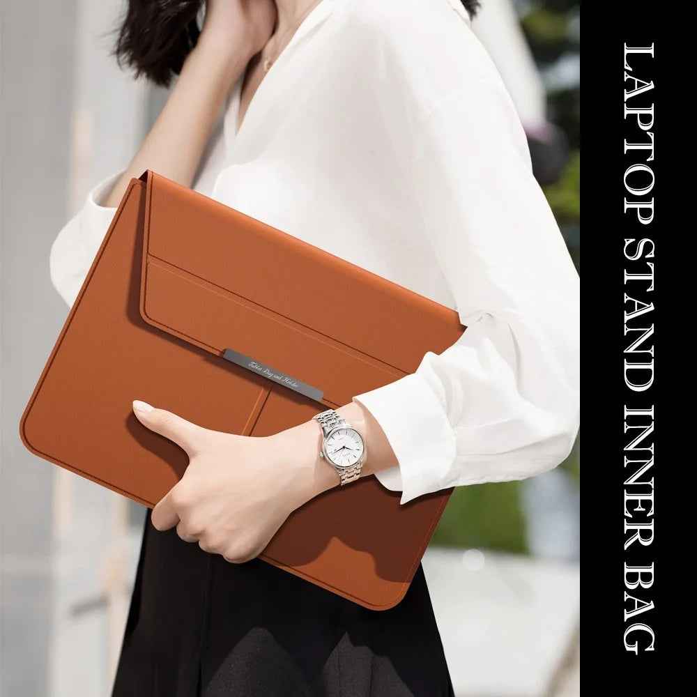 For 13 - 14 inch Laptop Sleeve with Stand PU Leather Detachable Case Protective Cover - Brown - 5