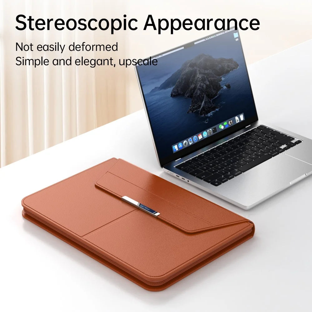 For 13 - 14 inch Laptop Sleeve with Stand PU Leather Detachable Case Protective Cover - Brown - 6