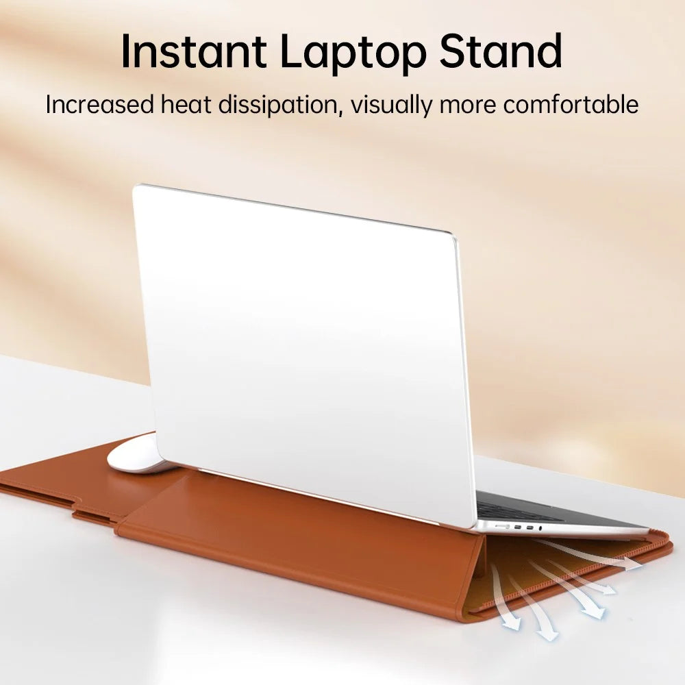 For 13 - 14 inch Laptop Sleeve with Stand PU Leather Detachable Case Protective Cover - Brown - 7