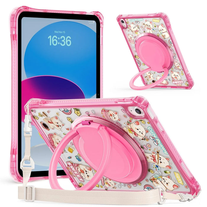For iPad (2025) / iPad 10.9 (2022) Case Kickstand Pattern PC + TPU + Acrylic Tablet Cover with Shoulder Strap - Pink - 2