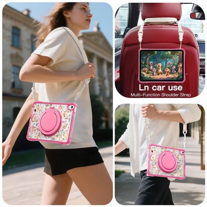 For iPad (2025) / iPad 10.9 (2022) Case Kickstand Pattern PC + TPU + Acrylic Tablet Cover with Shoulder Strap - Pink - 5