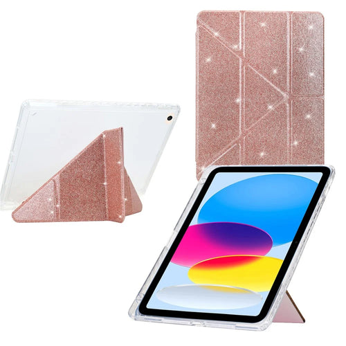 Tablet Case For iPad 9.7-inch (2018)  /  (2017)  /  Air 2  /  Air (2013) Y-Fold Stand Glitter Leather TPU Acrylic Clear Cover - Rose Gold - 1