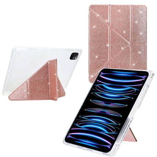 Tablet Case For iPad Pro 12.9 (2022)  /  (2021)  /  (2020)  /  (2018) Y-Fold Stand Glitter Leather TPU Acrylic Clear Cover - Rose Gold - 1