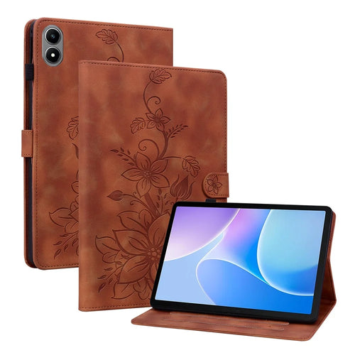 For Infinix Xpad 20 Case Lily Flower Imprint Card Slots Leather Tablet Cover - Brown - 1