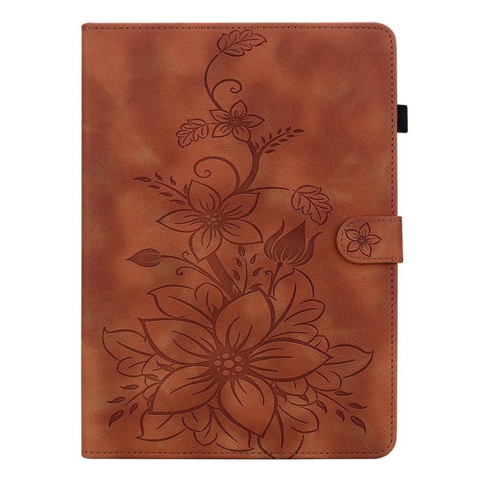 For Infinix Xpad 20 Case Lily Flower Imprint Card Slots Leather Tablet Cover - Brown - 5