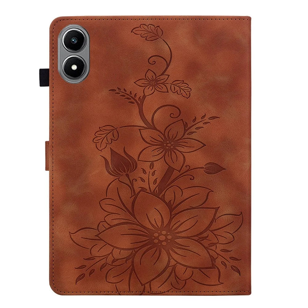 For Infinix Xpad 20 Case Lily Flower Imprint Card Slots Leather Tablet Cover - Brown - 6