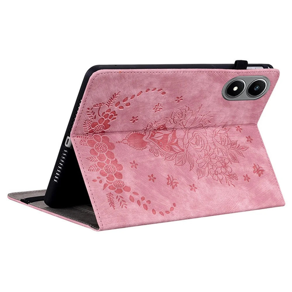 For Infinix Xpad 20 Case Card Holder Anti-Scratch Leather Cover Rose Flower Imprint - Pink - 4