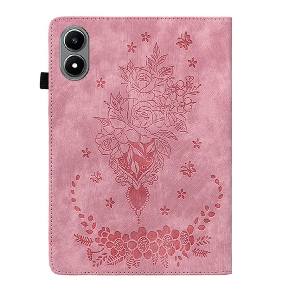 For Infinix Xpad 20 Case Card Holder Anti-Scratch Leather Cover Rose Flower Imprint - Pink - 6