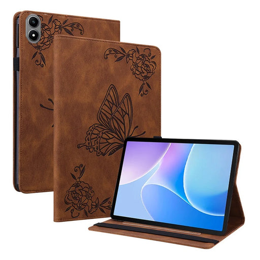 For Infinix Xpad 20 Case Butterfly Flower Imprint PU Leather Tablet Cover with Card Slots - Brown - 1