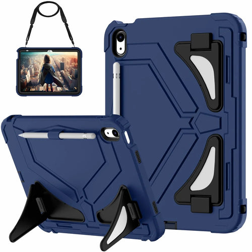 For iPad (2025) / 10.9 (2022) Kickstand Case Leopard Style Protective Tablet Cover with Shoulder Strap - Navy Blue / Black - 1