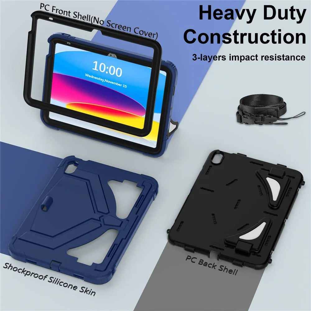 For iPad (2025) / 10.9 (2022) Kickstand Case Leopard Style Protective Tablet Cover with Shoulder Strap - Navy Blue / Black - 2