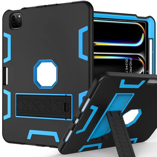 For iPad Pro 11 (2025) / 11 (2024) Case Silicone + PC Kickstand Tablet Cover with Pencil Holder - Black / Sky Blue - 1