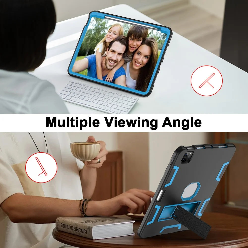 For iPad Pro 11 (2025) / 11 (2024) Case Silicone + PC Kickstand Tablet Cover with Pencil Holder - Black / Sky Blue - 3