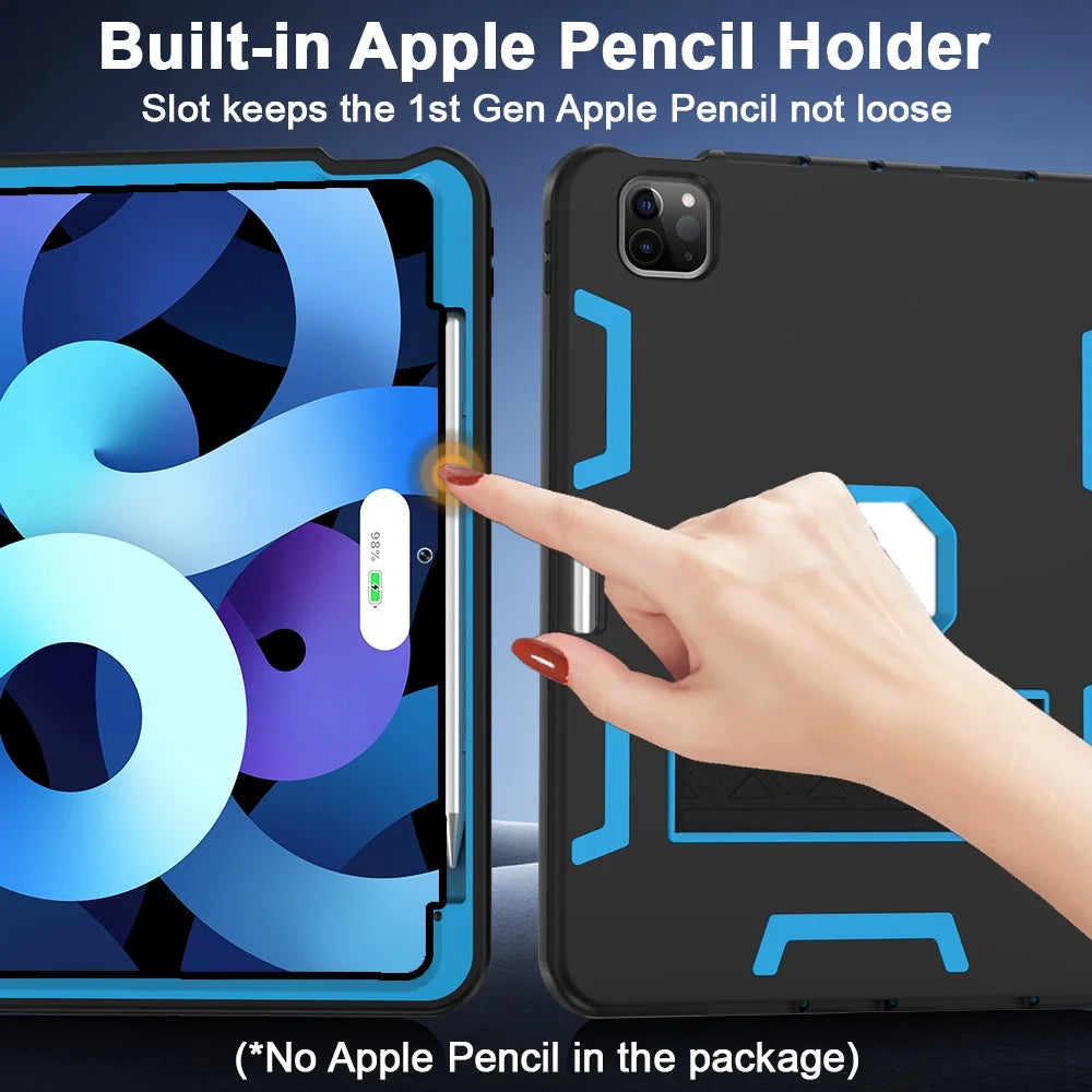 For iPad Pro 11 (2025) / 11 (2024) Case Silicone + PC Kickstand Tablet Cover with Pencil Holder - Black / Sky Blue - 4