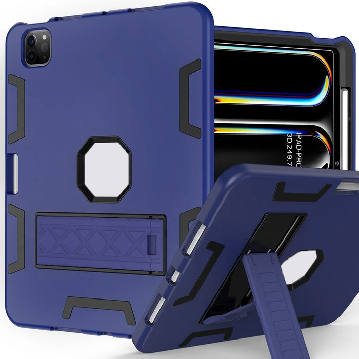 For iPad Pro 13 (2025) / 13 (2024) Case Silicone + PC Kickstand Tablet Cover with Pencil Holder - Navy Blue / Black - 1