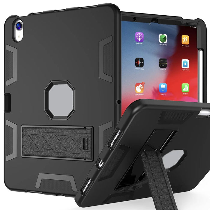 For iPad (2025) / iPad 10.9 (2022) Case Silicone + PC Kickstand Tablet Cover with Pencil Holder - Black - 1