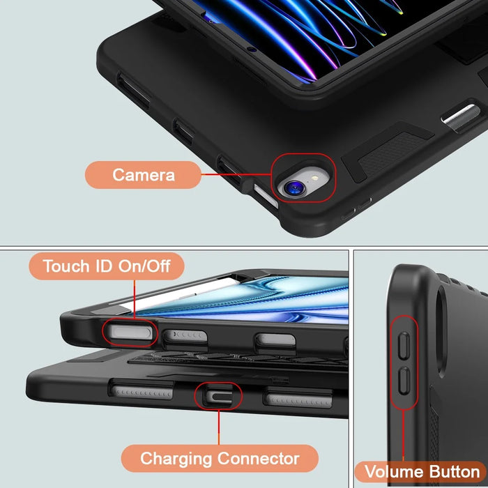 For iPad (2025) / iPad 10.9 (2022) Case Silicone + PC Kickstand Tablet Cover with Pencil Holder - Black - 7