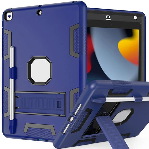 For iPad 10.2 (2021) / (2019) / (2020) Case Silicone + PC Kickstand Tablet Cover with Pencil Holder - Navy Blue / Black - 1