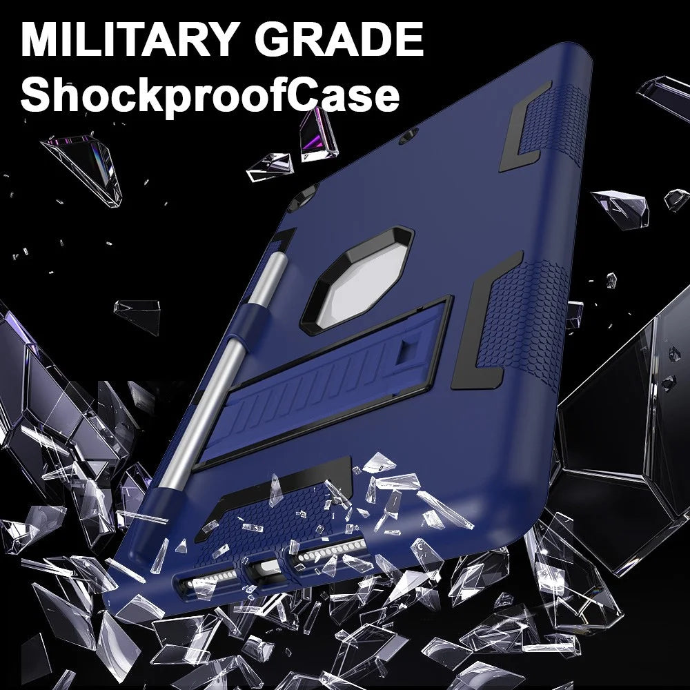For iPad 10.2 (2021) / (2019) / (2020) Case Silicone + PC Kickstand Tablet Cover with Pencil Holder - Navy Blue / Black - 2