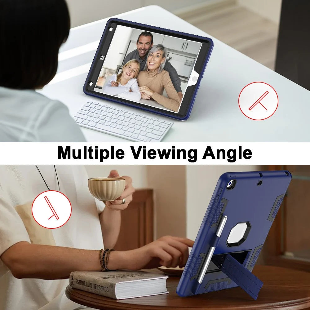 For iPad 10.2 (2021) / (2019) / (2020) Case Silicone + PC Kickstand Tablet Cover with Pencil Holder - Navy Blue / Black - 3