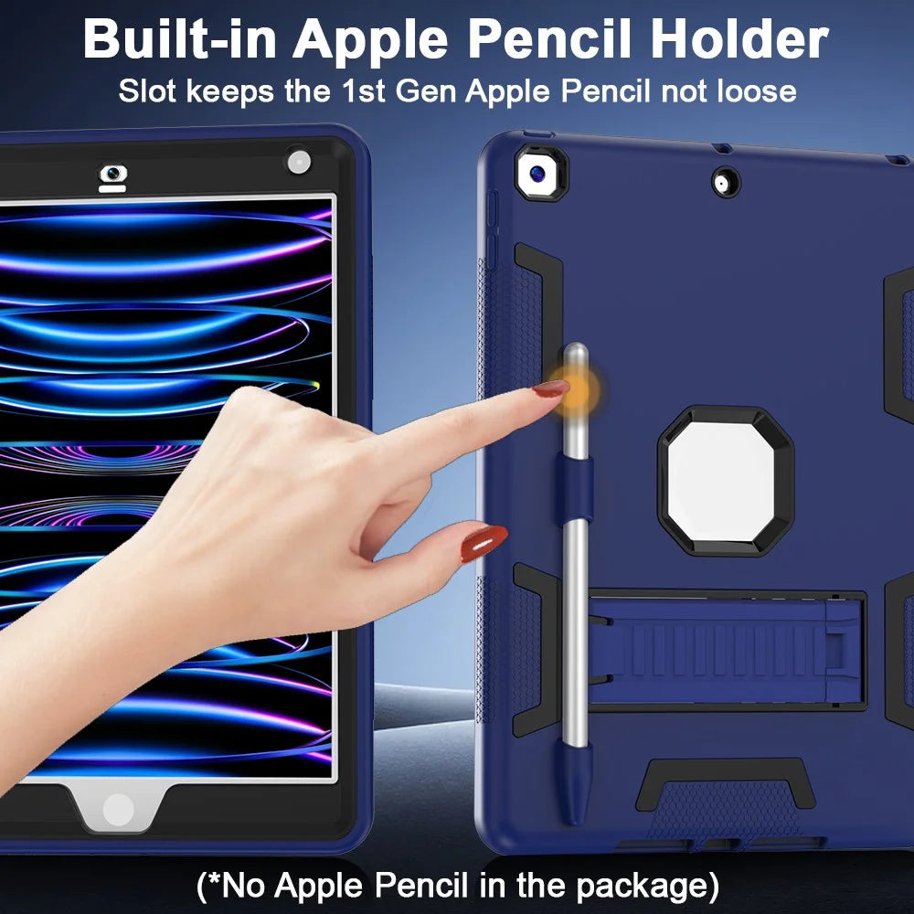 For iPad 10.2 (2021) / (2019) / (2020) Case Silicone + PC Kickstand Tablet Cover with Pencil Holder - Navy Blue / Black - 4