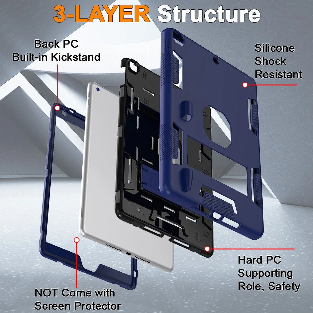 For iPad 10.2 (2021) / (2019) / (2020) Case Silicone + PC Kickstand Tablet Cover with Pencil Holder - Navy Blue / Black - 5