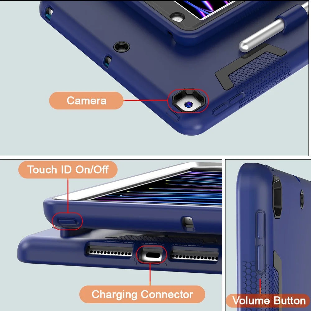 For iPad 10.2 (2021) / (2019) / (2020) Case Silicone + PC Kickstand Tablet Cover with Pencil Holder - Navy Blue / Black - 7