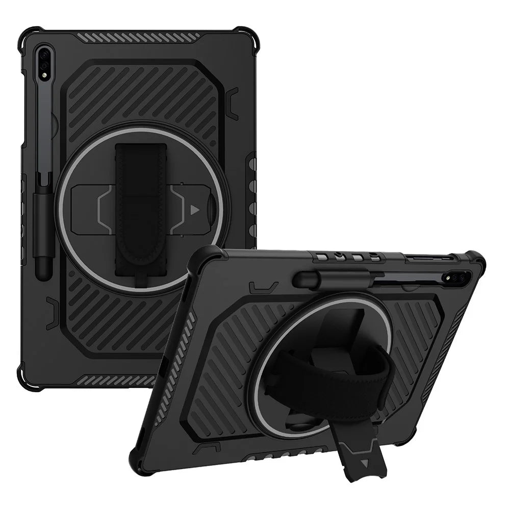 Kickstand Case for Samsung Galaxy Tab S10+ / S9+ / S8+ / S7+ / S7 FE PC + TPU Shockproof Tablet Cover with Hand Strap / Pen Slot - Black - 1
