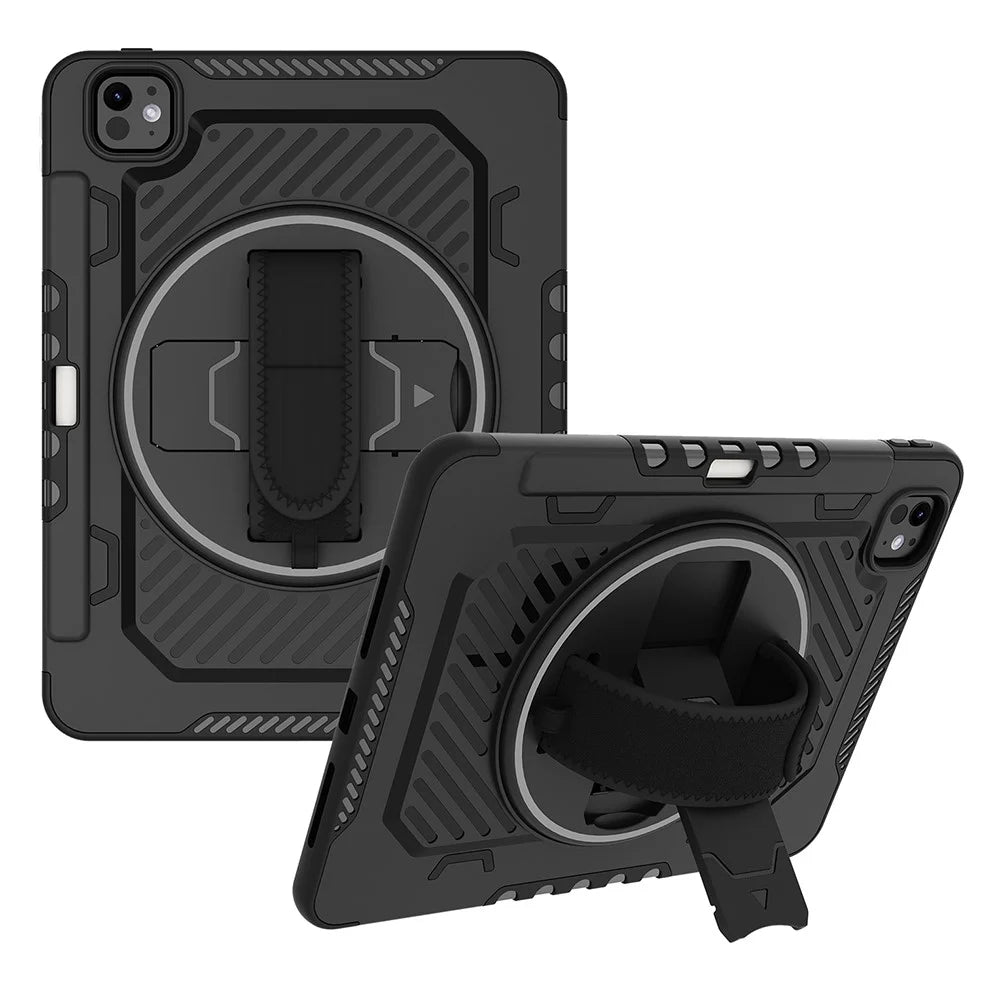 For iPad Pro 11 (2025) / 11 (2024) Case Kickstand PC + TPU Shockproof Tablet Cover with Hand Strap / Pen Slot - Black - 1