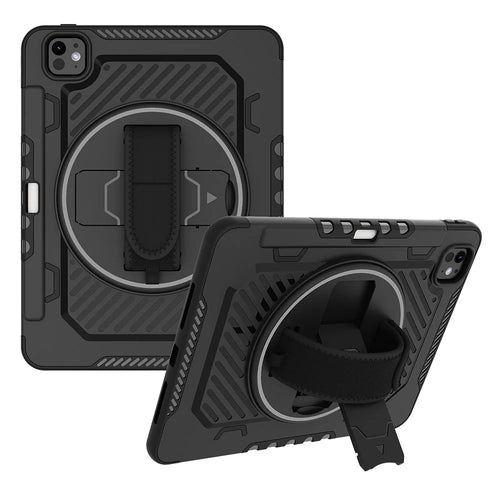 For iPad Pro 11 (2025) / 11 (2024) Case Kickstand PC + TPU Shockproof Tablet Cover with Hand Strap / Pen Slot - Black - 1