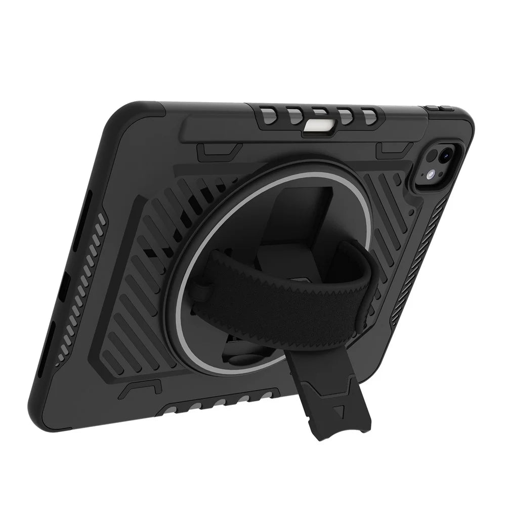 For iPad Pro 11 (2025) / 11 (2024) Case Kickstand PC + TPU Shockproof Tablet Cover with Hand Strap / Pen Slot - Black - 2