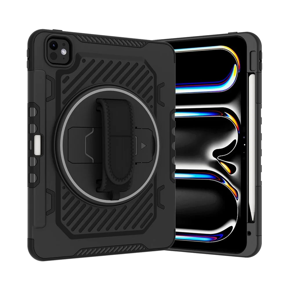 For iPad Pro 11 (2025) / 11 (2024) Case Kickstand PC + TPU Shockproof Tablet Cover with Hand Strap / Pen Slot - Black - 3