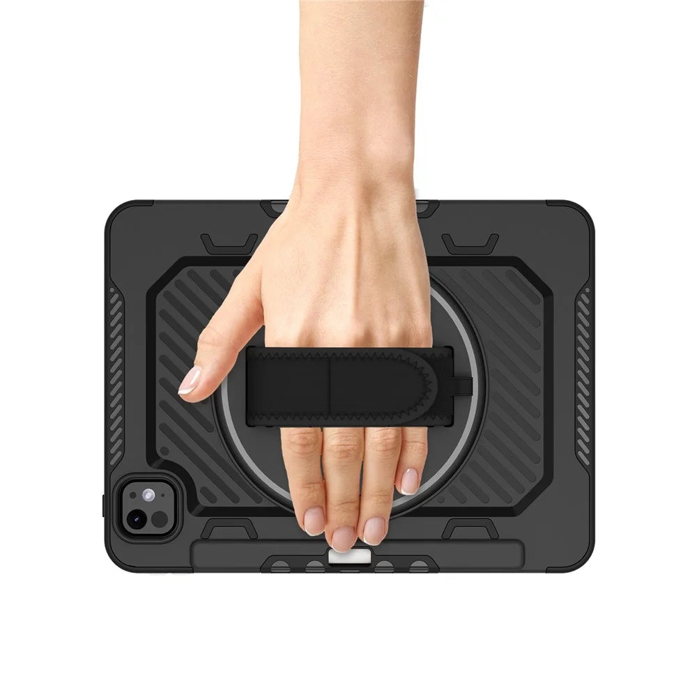 For iPad Pro 11 (2025) / 11 (2024) Case Kickstand PC + TPU Shockproof Tablet Cover with Hand Strap / Pen Slot - Black - 4