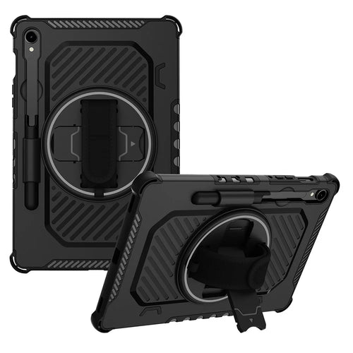 Kickstand Case for Samsung Galaxy Tab S10 FE / S10 Lite / S9 FE / S9 / S8 / S7 PC + TPU Shockproof Tablet Cover with Hand Strap / Pen Slot - Black - 1
