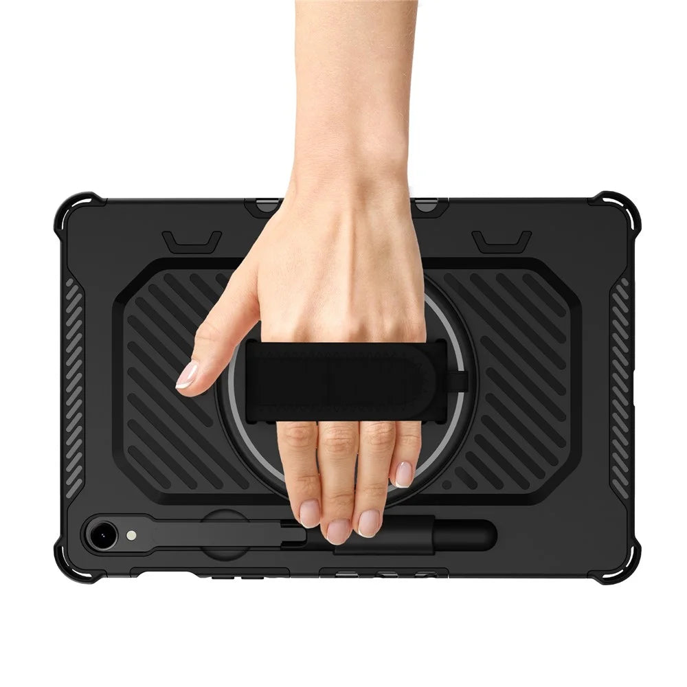 Kickstand Case for Samsung Galaxy Tab S10 FE / S10 Lite / S9 FE / S9 / S8 / S7 PC + TPU Shockproof Tablet Cover with Hand Strap / Pen Slot - Black - 7