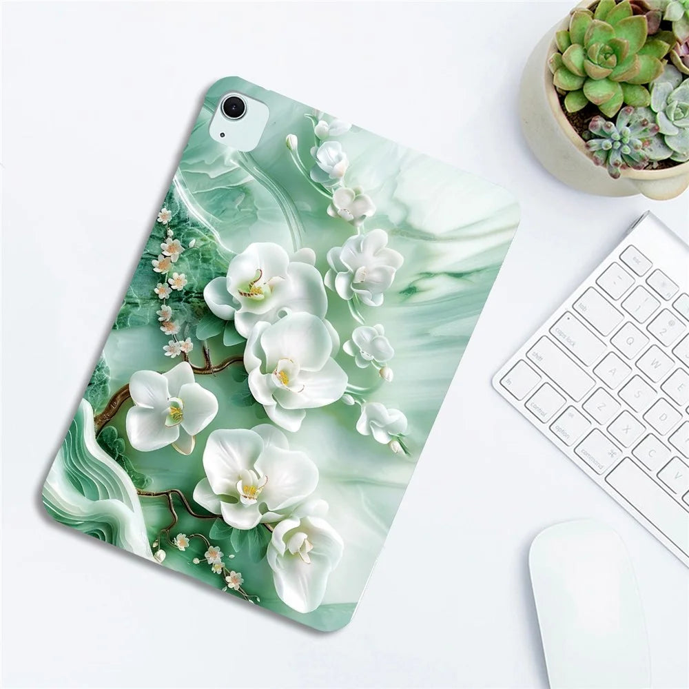 Tablet Case For iPad Air 13 (2026) / (2025) / (2024) / Pro 12.9 (2022) / (2021) / (2020) / (2018) Pattern Printing Slim Soft TPU Cover - Jade Flower - 4