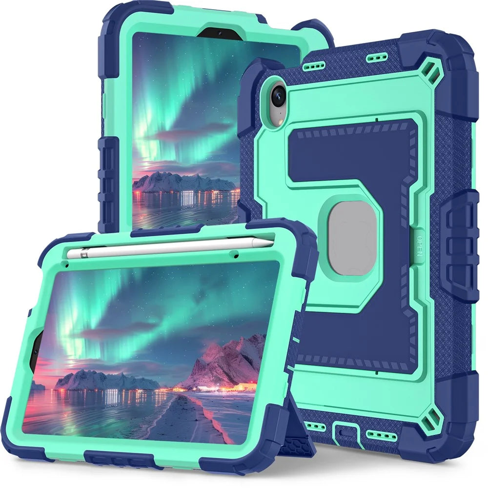 For iPad mini (2024) / (2021) Anti Drop PC + Silicone Tablet Cover with Kickstand and Pen Slot - Navy Blue+Mint Green - 1