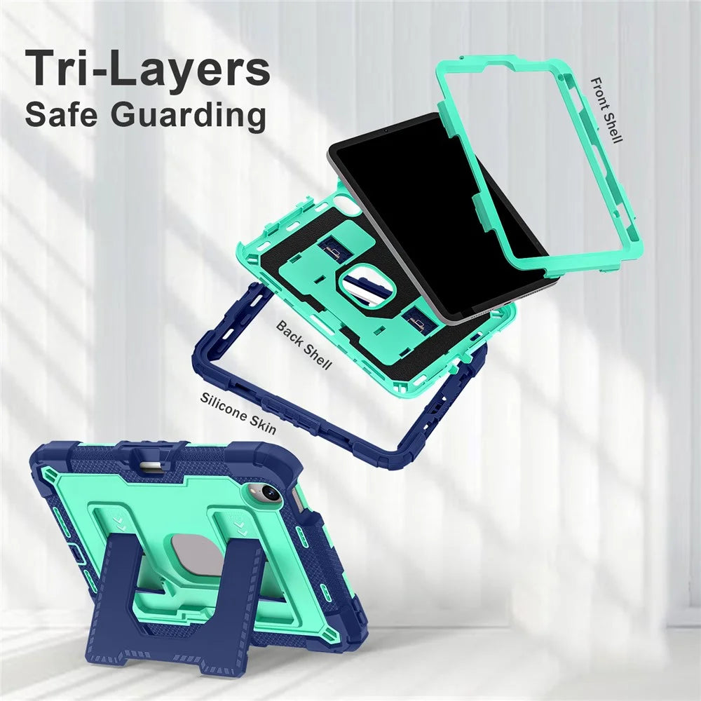 For iPad mini (2024) / (2021) Anti Drop PC + Silicone Tablet Cover with Kickstand and Pen Slot - Navy Blue+Mint Green - 2