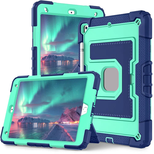 Tablet Case with Kickstand for iPad 10.2 (2021) / (2020) / (2019) Anti Drop PC + Silicone Cover - Navy Blue+Mint Green - 1