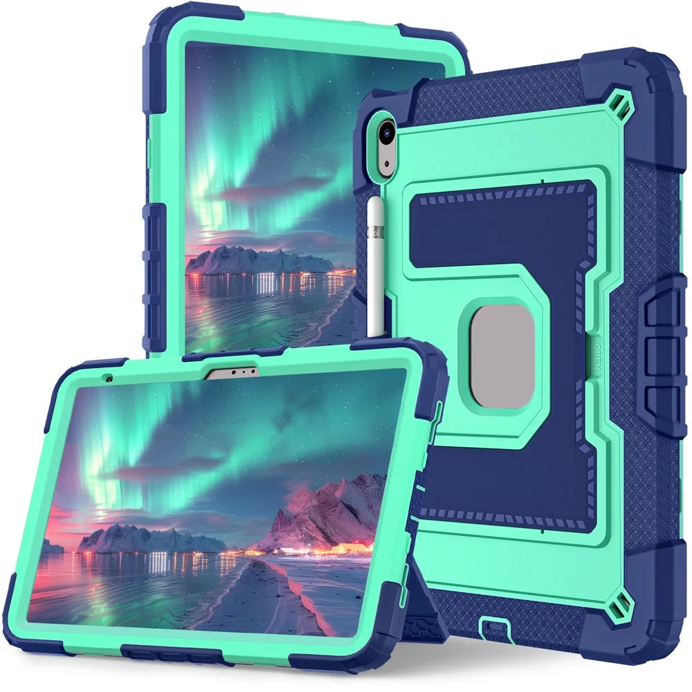 For iPad (2025) / iPad 10.9 (2022) Tablet Case with Kickstand Anti Drop PC + Silicone Cover - Navy Blue+Mint Green - 1