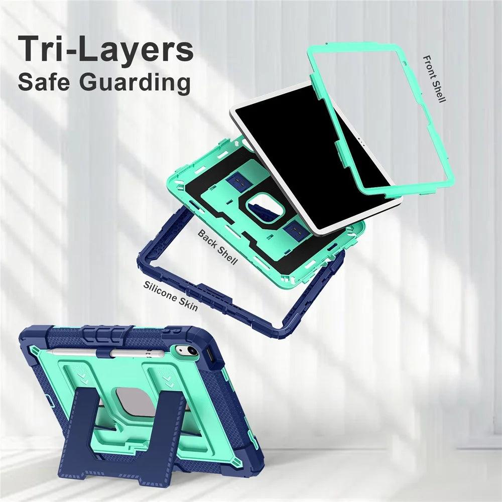 For iPad (2025) / iPad 10.9 (2022) Tablet Case with Kickstand Anti Drop PC + Silicone Cover - Navy Blue+Mint Green - 2
