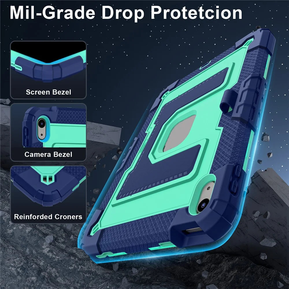 For iPad (2025) / iPad 10.9 (2022) Tablet Case with Kickstand Anti Drop PC + Silicone Cover - Navy Blue+Mint Green - 3